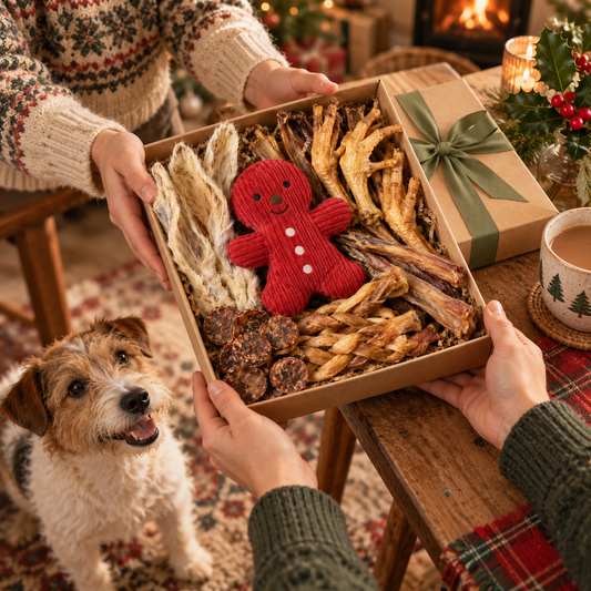Festive Paws Christmas dog treat box with Christmas toy and natural treats
